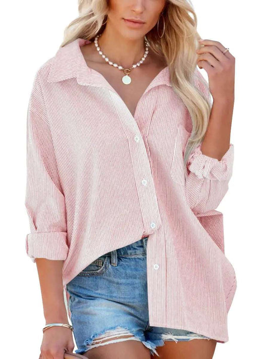 WoMen's Button Down Shirts 2025 Business Casual Striped Long Sleeve Blouse Spring Collared Office Work Tops