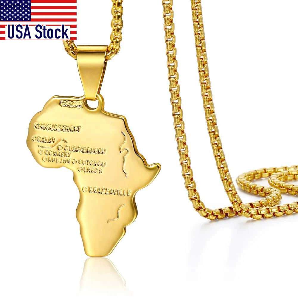 Africa Map Pendant Necklace - Stainless Steel Gold Hip Hop Jewelry For Men & Women
