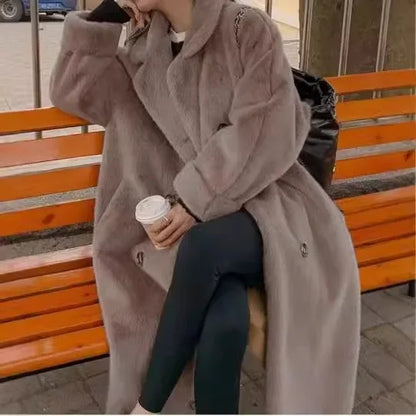 Women'S Long Thick Faux Fur Maxi Jacket Colorblock Autumn Winter Coat Warm Belt Fur Parkas Bontjas Furry Outerwear Coats