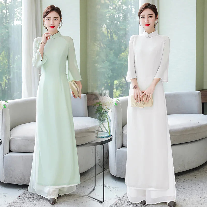 Spring Summer Ao Dai Vietnam Slim Set Women Casual Long Tops Wide Leg Pants Two Pieces White Light Green Chinese Styles Clothing