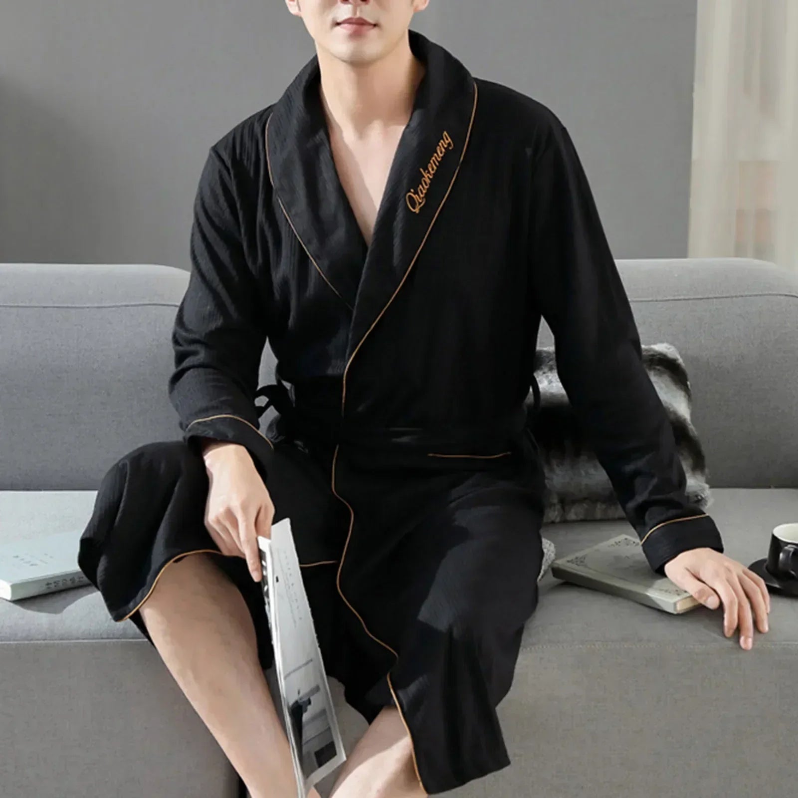 Autumn Winter Men Pajamas Bathrobe Long Sleeve Cotton Soft Comfy Casual Lace Up Shower Robe Mid Length Male Loungewear Robe