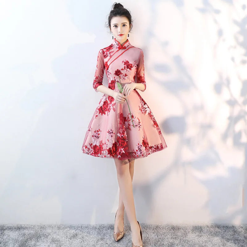 Red Lace Embroidery A-Line Banquet Dresses Vintage Mandarin Collar Chinese Gown Cheongsam Skirt Wedding Party Dress Vestidos