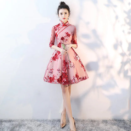Red Lace Embroidery A-Line Banquet Dresses Vintage Mandarin Collar Chinese Gown Cheongsam Skirt Wedding Party Dress Vestidos