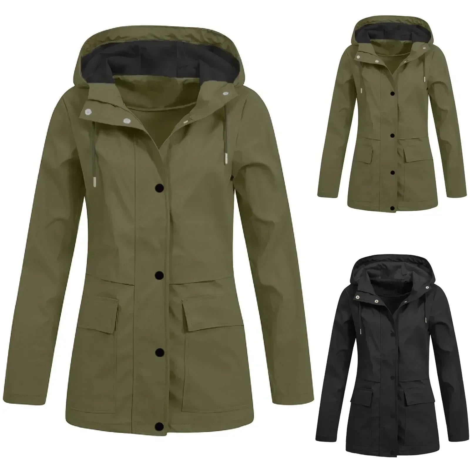 Women'S Winter Mid Length Trench Coat Long Sleeve Full-Zip Button Hooded Overcoat Loose Fit Casual Coat Jacket Tops With Pocket