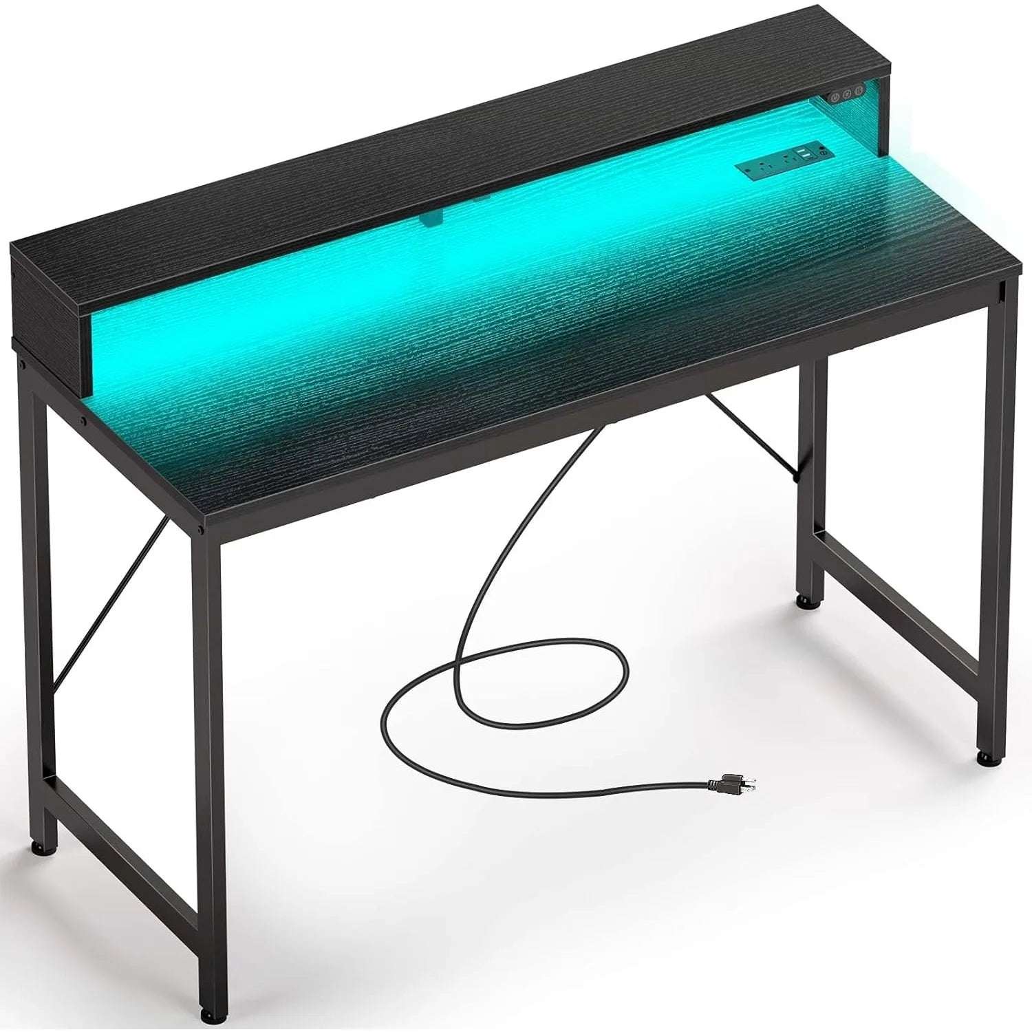 Computer Desk 47 " With Led Lights & Power Outlets, Home Office Desk With Monitor Shelf, Gaming Desk, Writing Desk