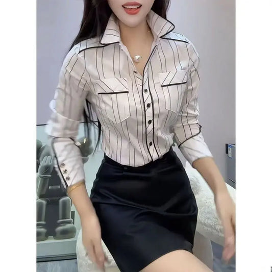 New Polo Collar Long Sleeve Vertical Striped Shirt Fashionable and Versatile Base Slim Top