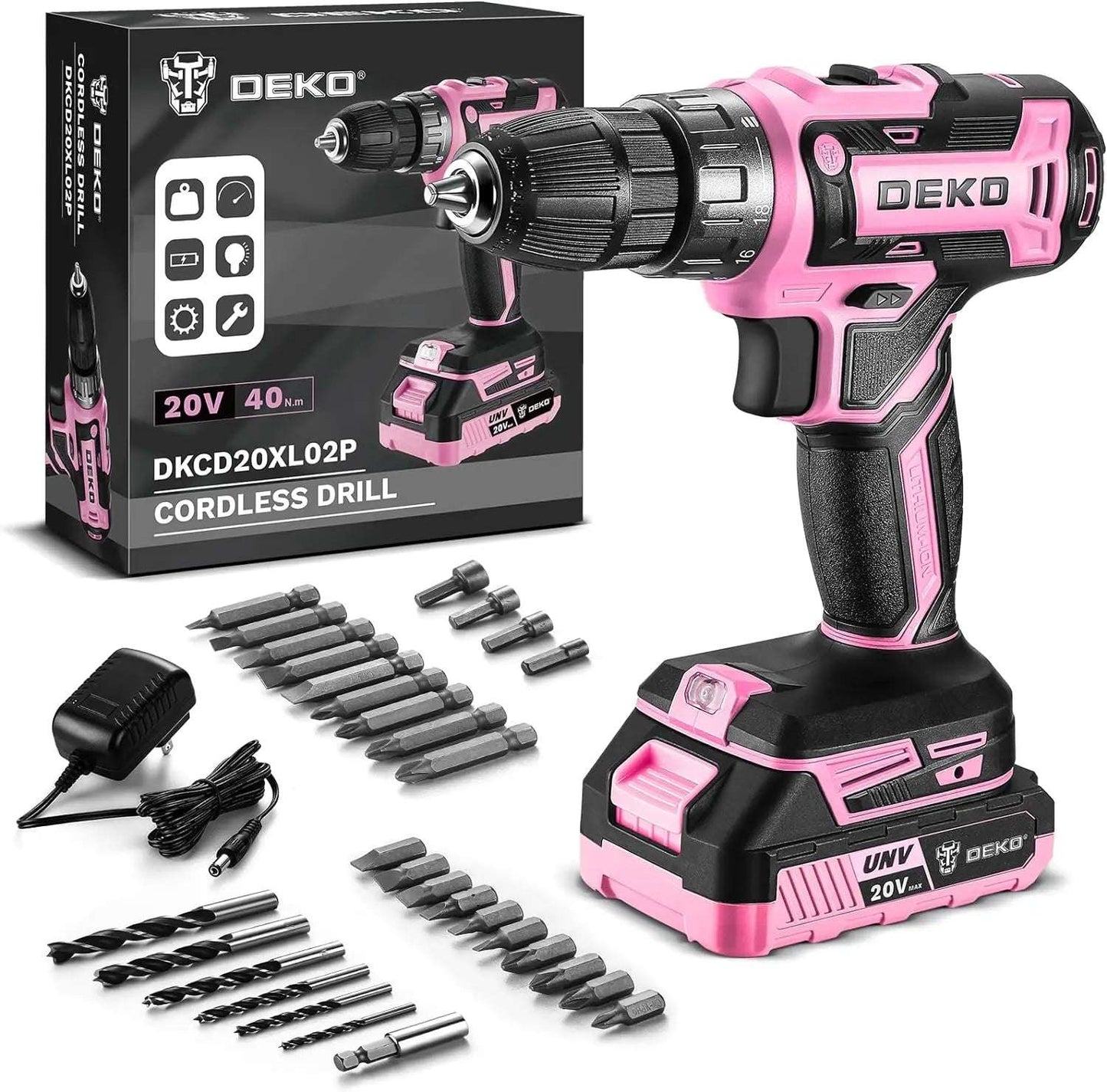 Power Drill Cordless: Pink Cordless Drill 20V Electric Power Drill Set Tool for Women