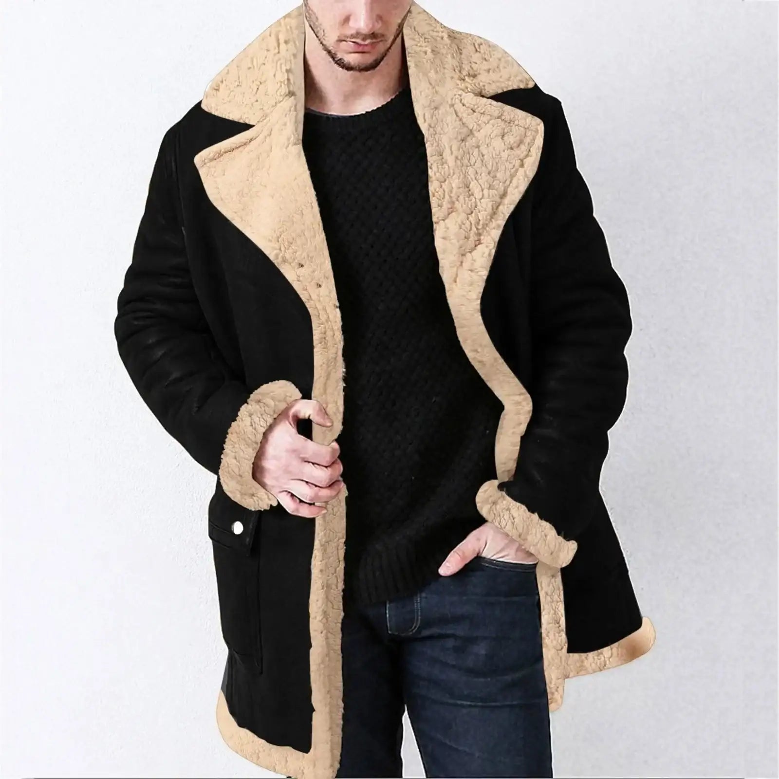 Mid Length Jacket Men Winter Zipper Coat Lapel Long Sleeve Padded Leather Jacket Men Business Casual Light Jacket