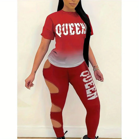 Two Piece Set Of Oversized Letter Printed Short Sleeved Top And Leggings
