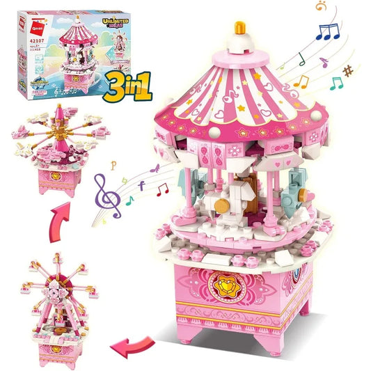 QMAN Music Box Building Toys for Girls Boys 3in1 Building Blocks STEM Building Kit Ideal Gifts Toy for Kids Rotate with Music