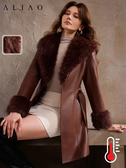 Brown Faux Fur Collar Spliced Leather Coat for Women, Winter Warm Elegant Jacket
