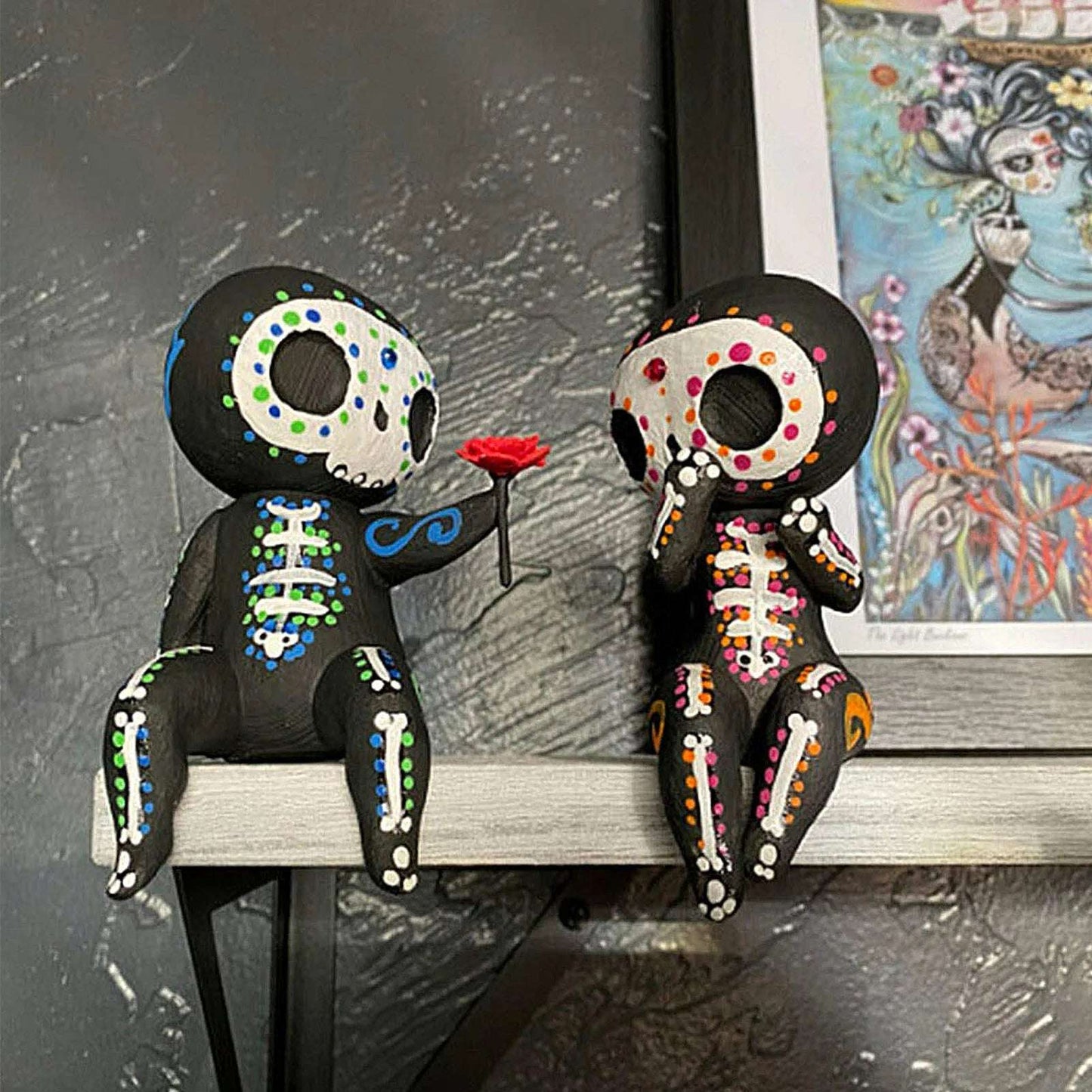 Crafts Resin Sugar Skull Couple Statue  Statue Skull Resin Flower Figurines Miniatures Crafts Boyfriend Girlfriend Gift