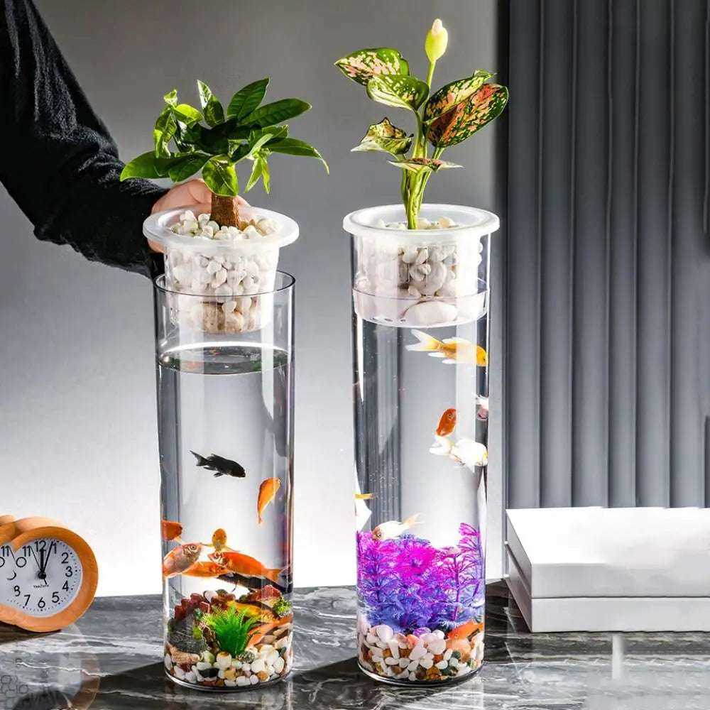 Transparent Fish Tank Vase Cylinder Plastic Hydroponic Planter Vase with Hydroponic Basket Unbreakable Desktop Goldfish Bowl