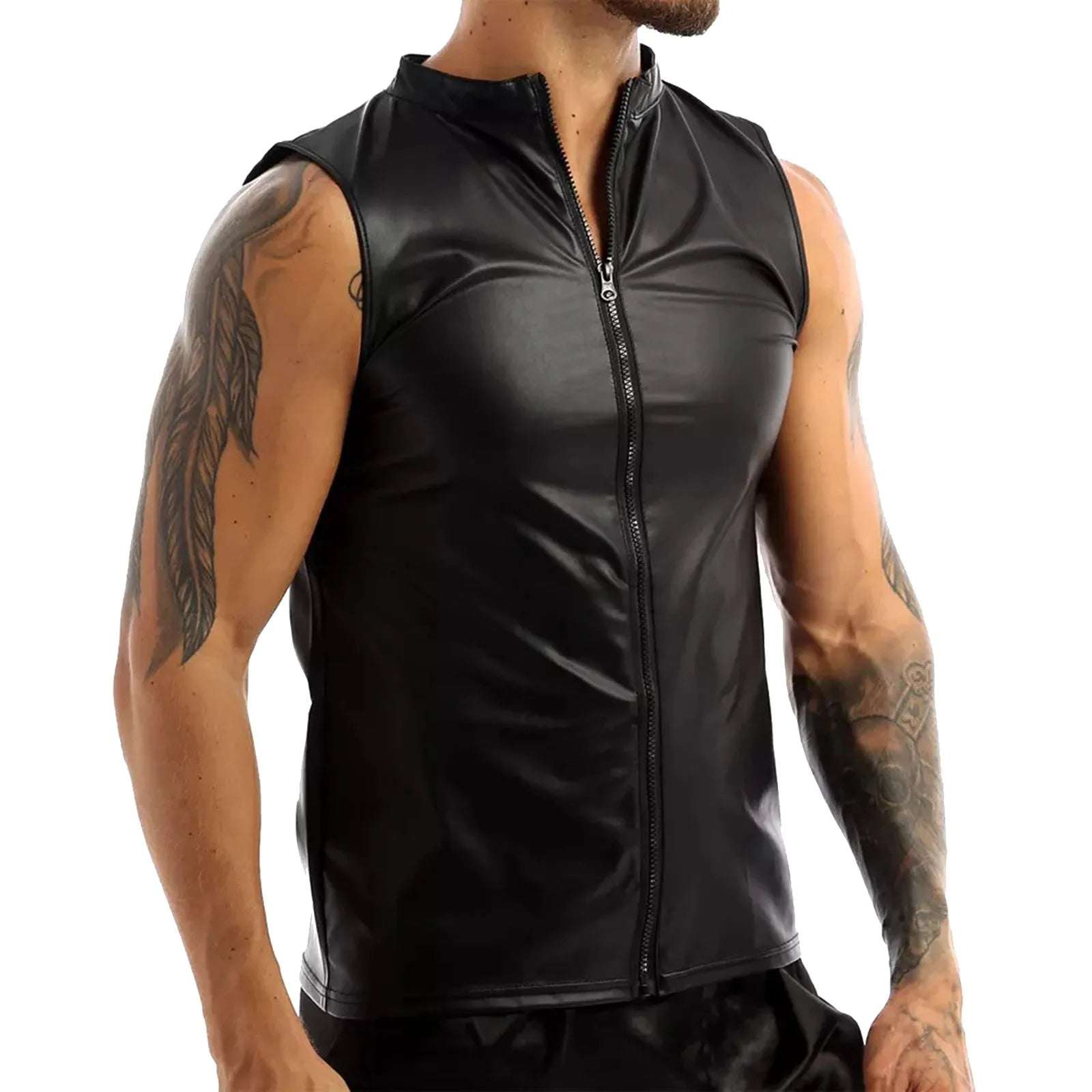 Fashion Pu Leather Vest Tops Sleeveless Cute Clubwear Male Clothes Front Zipper