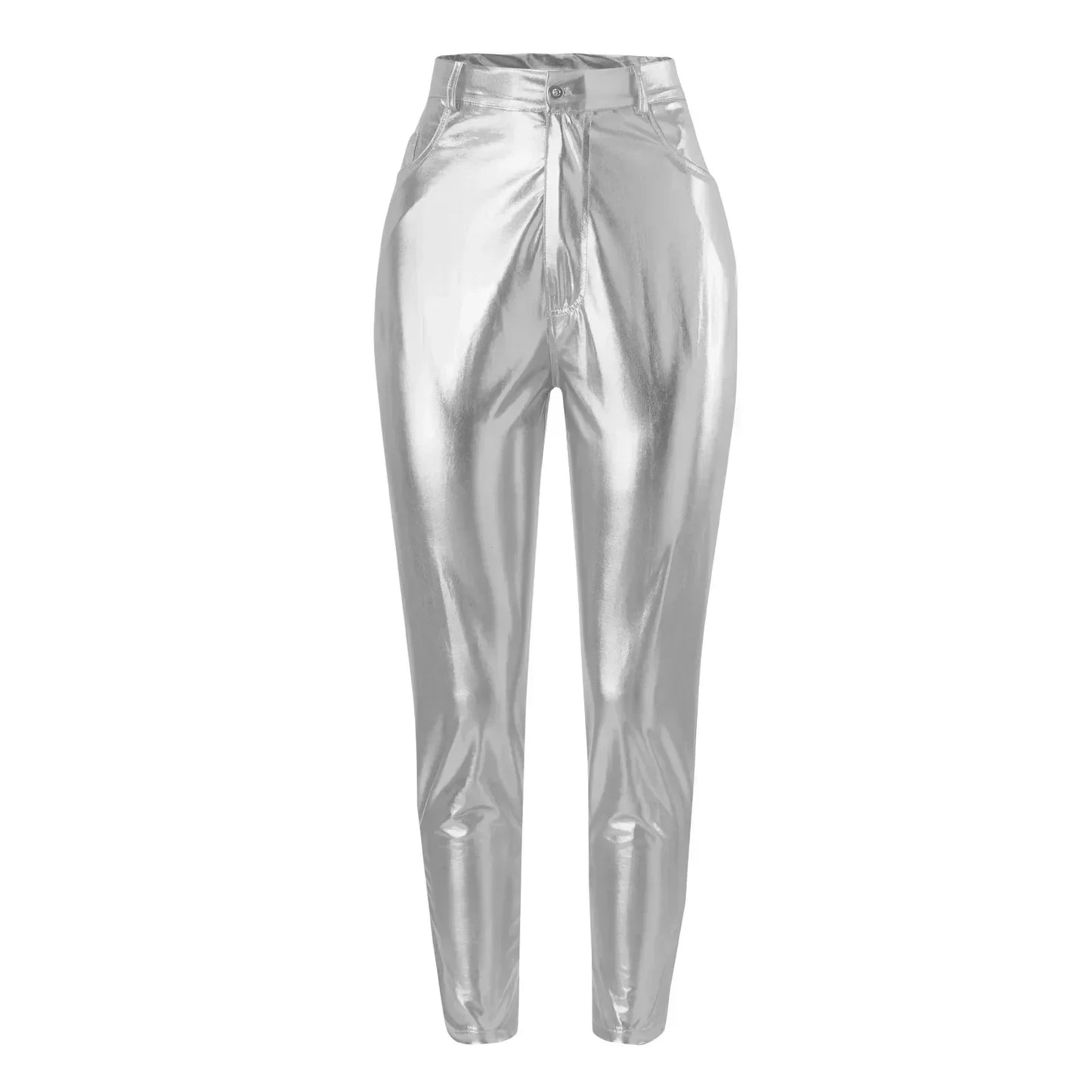 Faux Leather Women Gorgeous Trousers Mid Waist Stretch Solid Color Gold Long Pants Streetwear Carnival Party Wear Pants Women
