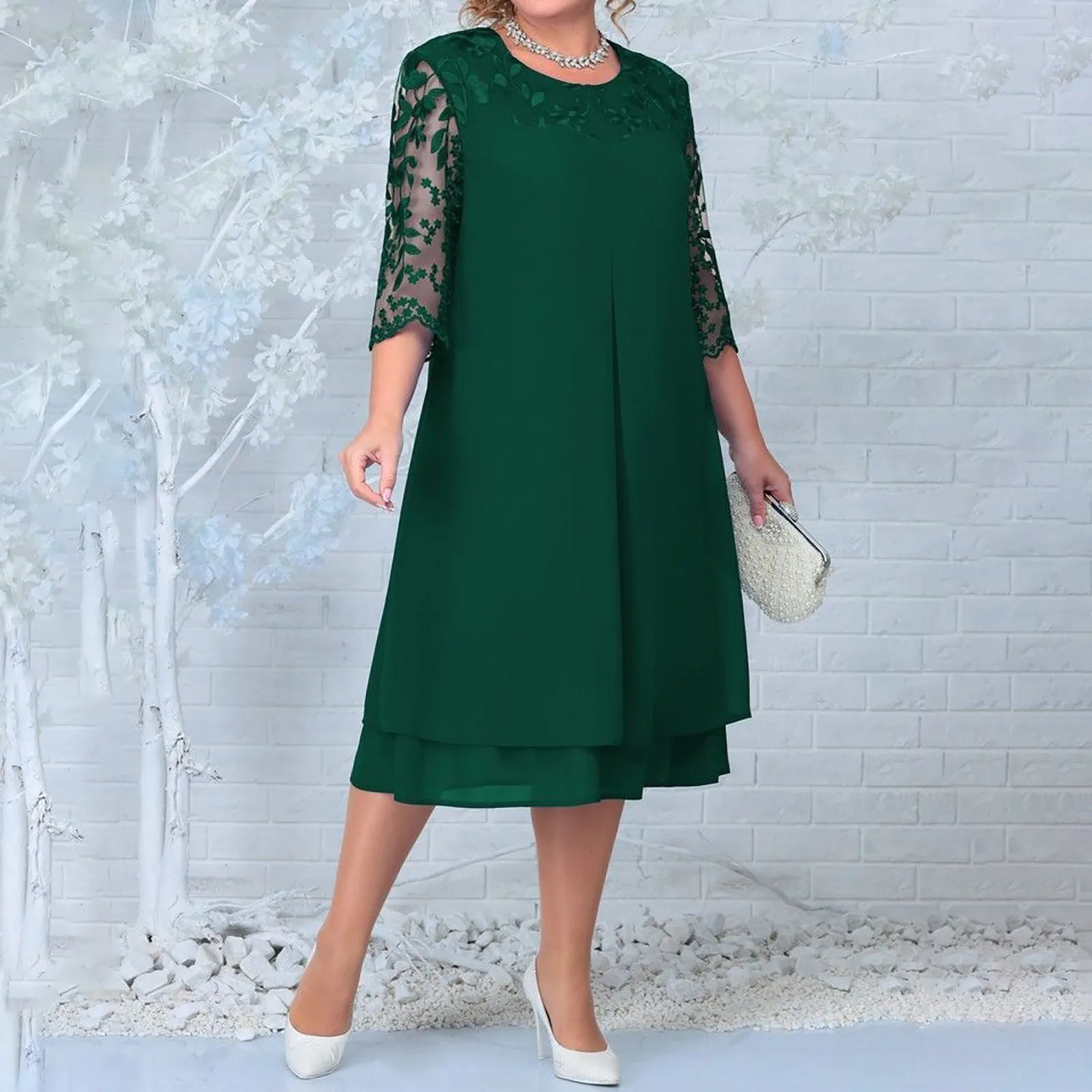 Plus Size Summer Lace Chiffon Splice Party Dress Women Flower Embroide