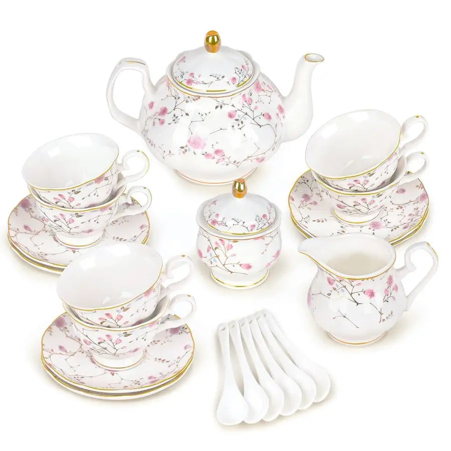 21Piece Gold Vine Floral Porcelain Tea Sets With Sugar Bowl Creamer Teacups, English Bone China Tea Service For Women Teaparty F