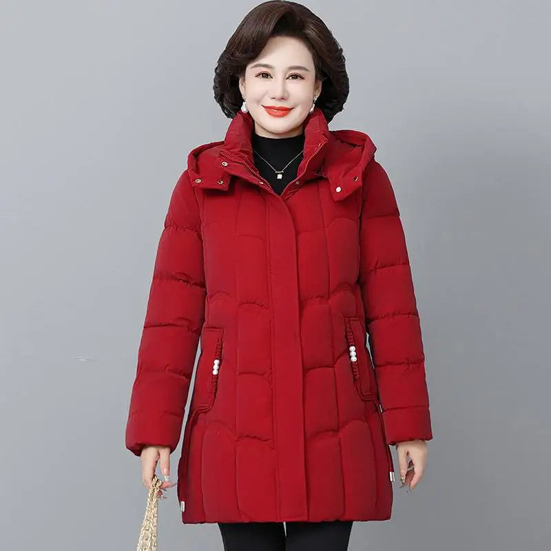 Women Winter Thickened Jackets Down Cotton Parkas Hooded Quilted Long Pockets coat Middle aged Female Overcoat