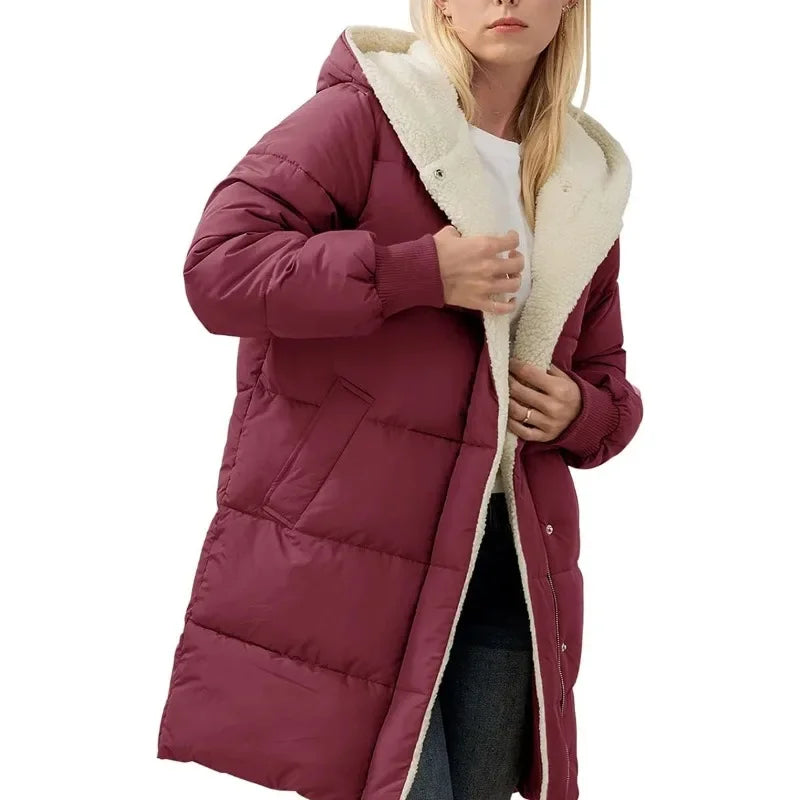 Women Winter Warm Coats Sherpa Fleece Lined Long Hooded Puffer Jacket