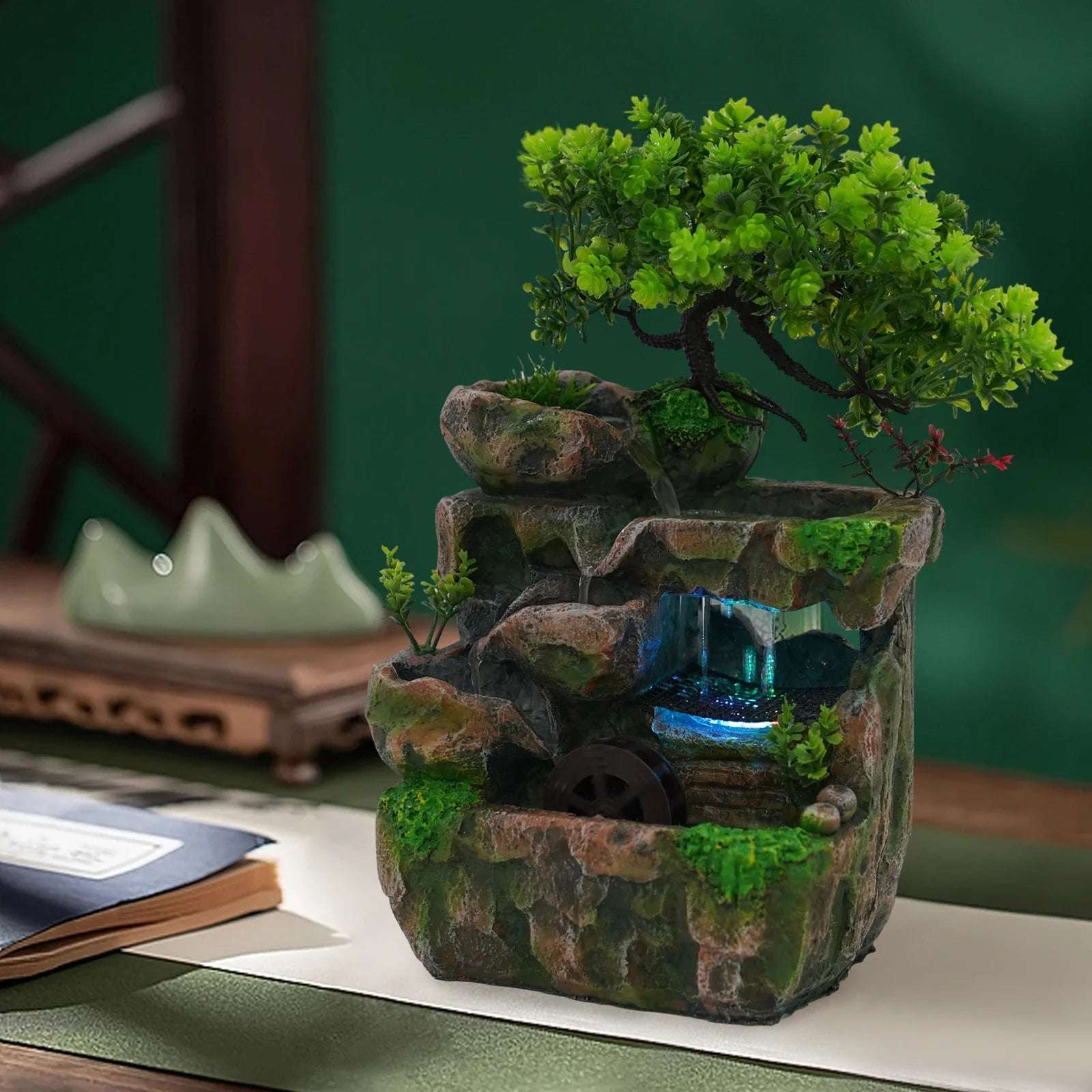 Mini Rockery Fountain Waterfall Feng Shui Desktop Water Rock Indoor Desk Decor Rock Waterfall Zen Decor With Led Light