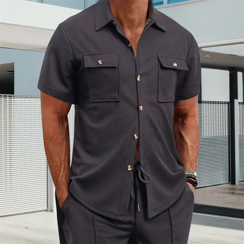 Men Casual Short Sleeve Button Down Shirt with Turn-down Collar Solid Color Summer Top for Daily Wear and Outings