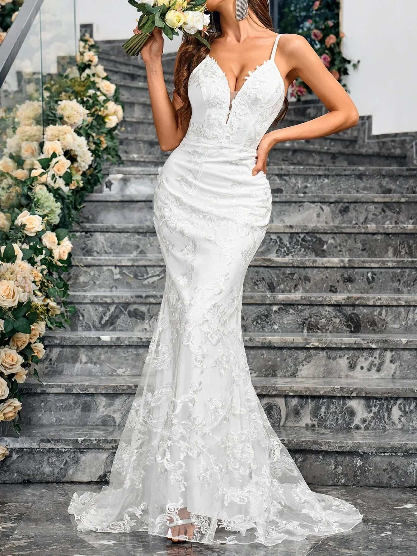 Mermaid Wedding Dress For Bride 2025 Deep V-Neck  Bridal Prom Gowns White Long Backless Sleeveless Wedding Party Gowns