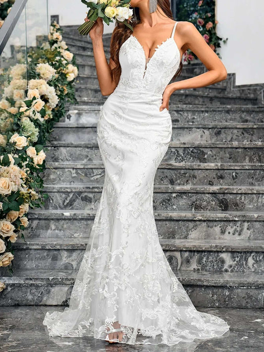 Mermaid Wedding Dress For Bride 2025 Deep V-Neck  Bridal Prom Gowns White Long Backless Sleeveless Wedding Party Gowns