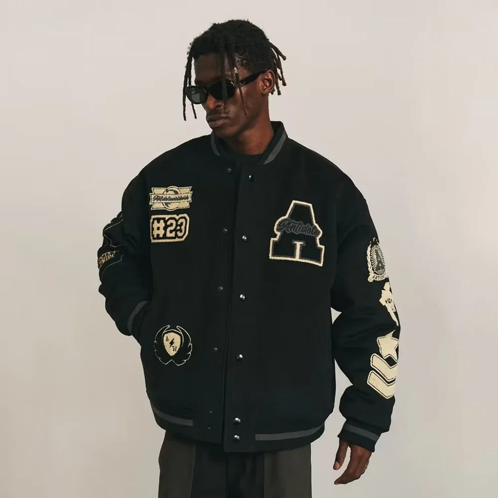 Men'S Baseball Uniform Y2K Retro Heavy Hip-Hop Embroidery Jacket Autumn And Winter V-Neck Loose Fashion Couple Casual Jacket