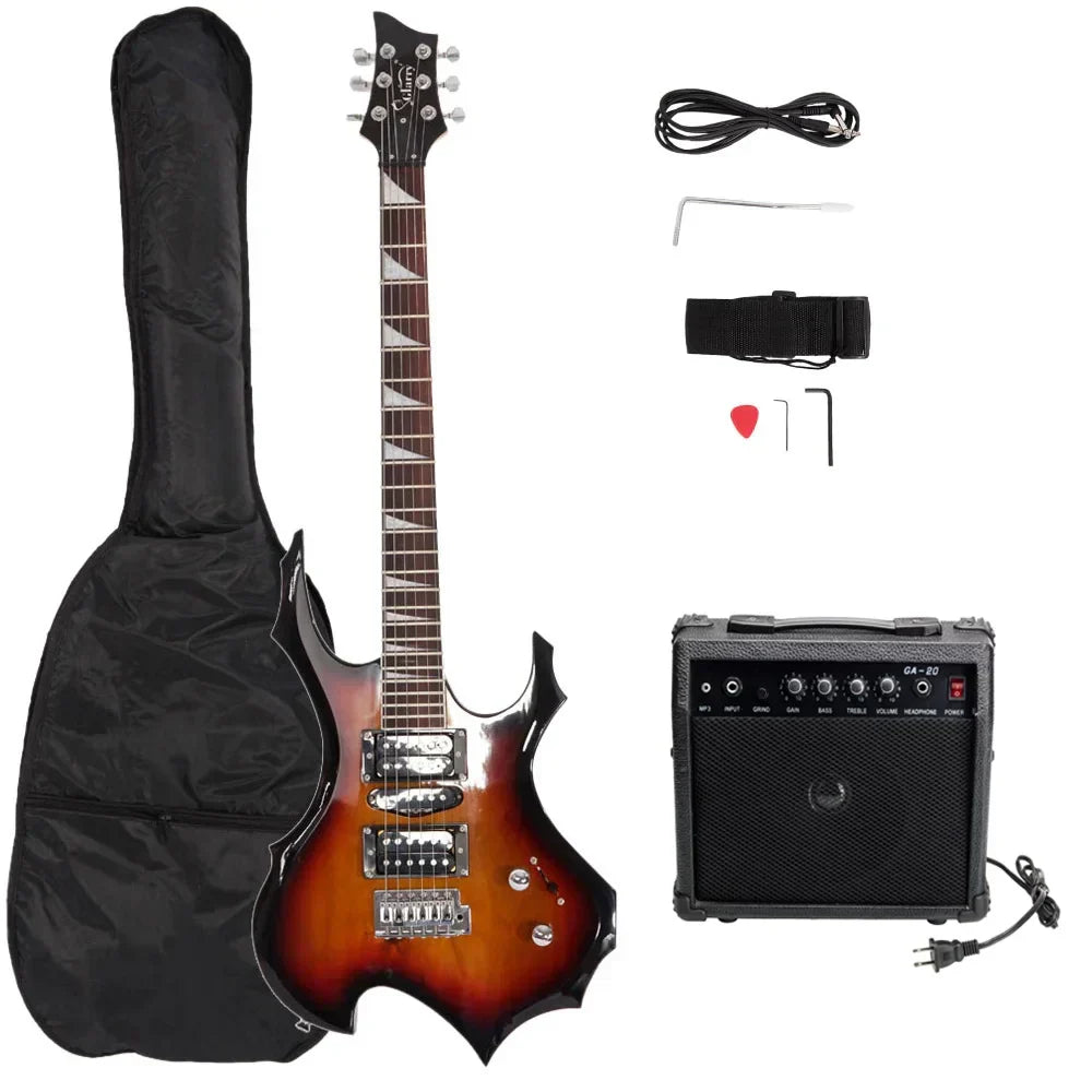 Flame Shaped Electric Guitar with 20W Electric Guitar Sound HSH Pickup Guitar Audio Bag Strap Picks Shake Cable Wrench Too