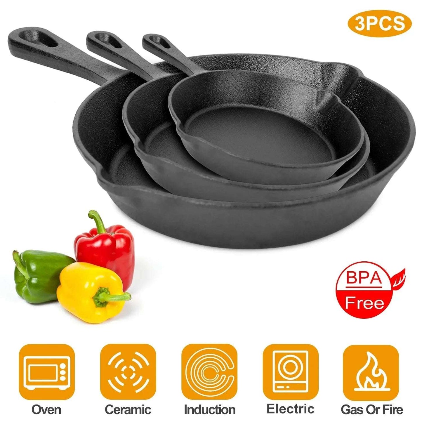 3Pcs Pre-Seasoned Cast Iron Skillet Set 6/8/10In Non-Stick Oven Safe Cookware Heat-Resistant Frying Pan