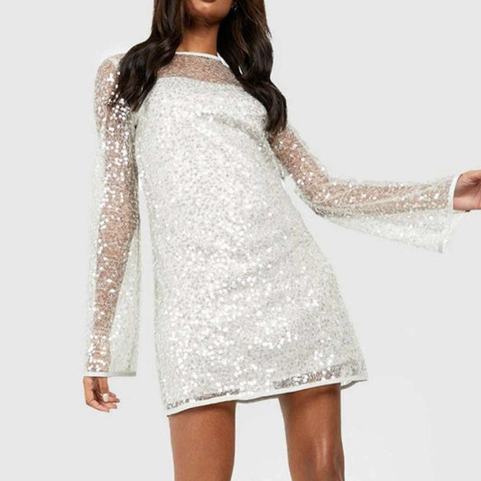 Women Elegant White Sequins Mini Dress Fashion Crisscross Lace-up Backless Long Sleeve Evening Party Cocktail Dress 2024