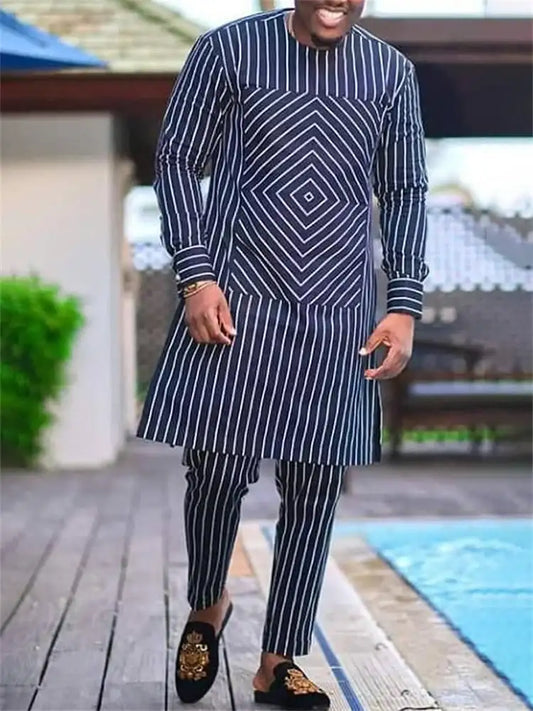 Men casual navy blue printed long sleeve two-piece set
