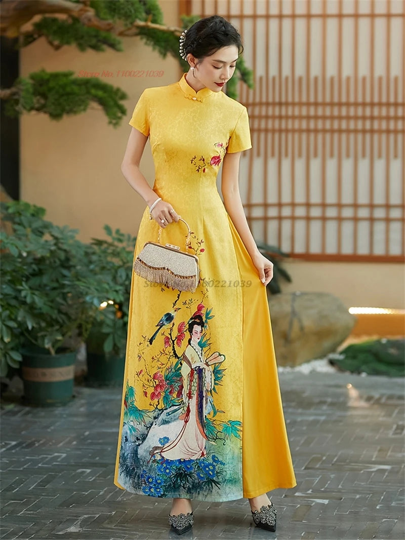 2026 Vietnamese Aodai Dress Improved Cheongsam Qipao National Flower Print Qipao Dress Oriental Banquet Evening Dress Vestido
