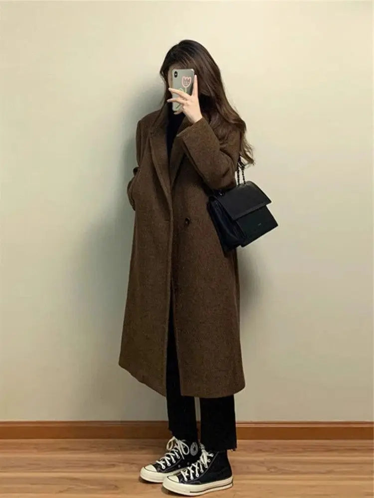Korean-Style Suit Collar High-End Wool Coat For Women, Autumn And Winter 2025 New Over-The-Knee Mid-Length Woolen Jacket