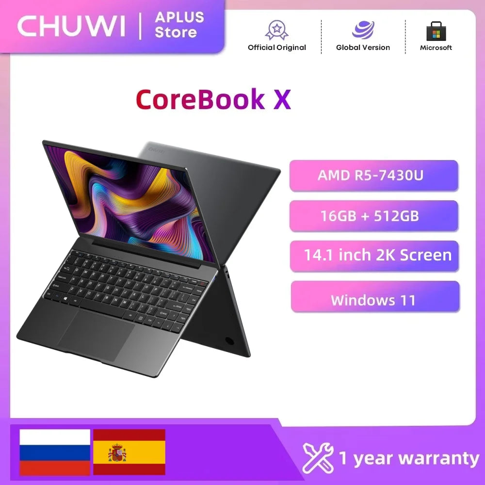CHUWI CoreBook X AMD R5-7430U Laptop 14.1'' 2K Screen 16GB DDR4 RAM 512GB SSD Windows 11 Wifi6 Cost-Effective Convenient Laptop