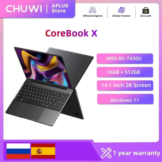 CHUWI CoreBook X AMD R5-7430U Laptop 14.1'' 2K Screen 16GB DDR4 RAM 512GB SSD Windows 11 Wifi6 Cost-Effective Convenient Laptop