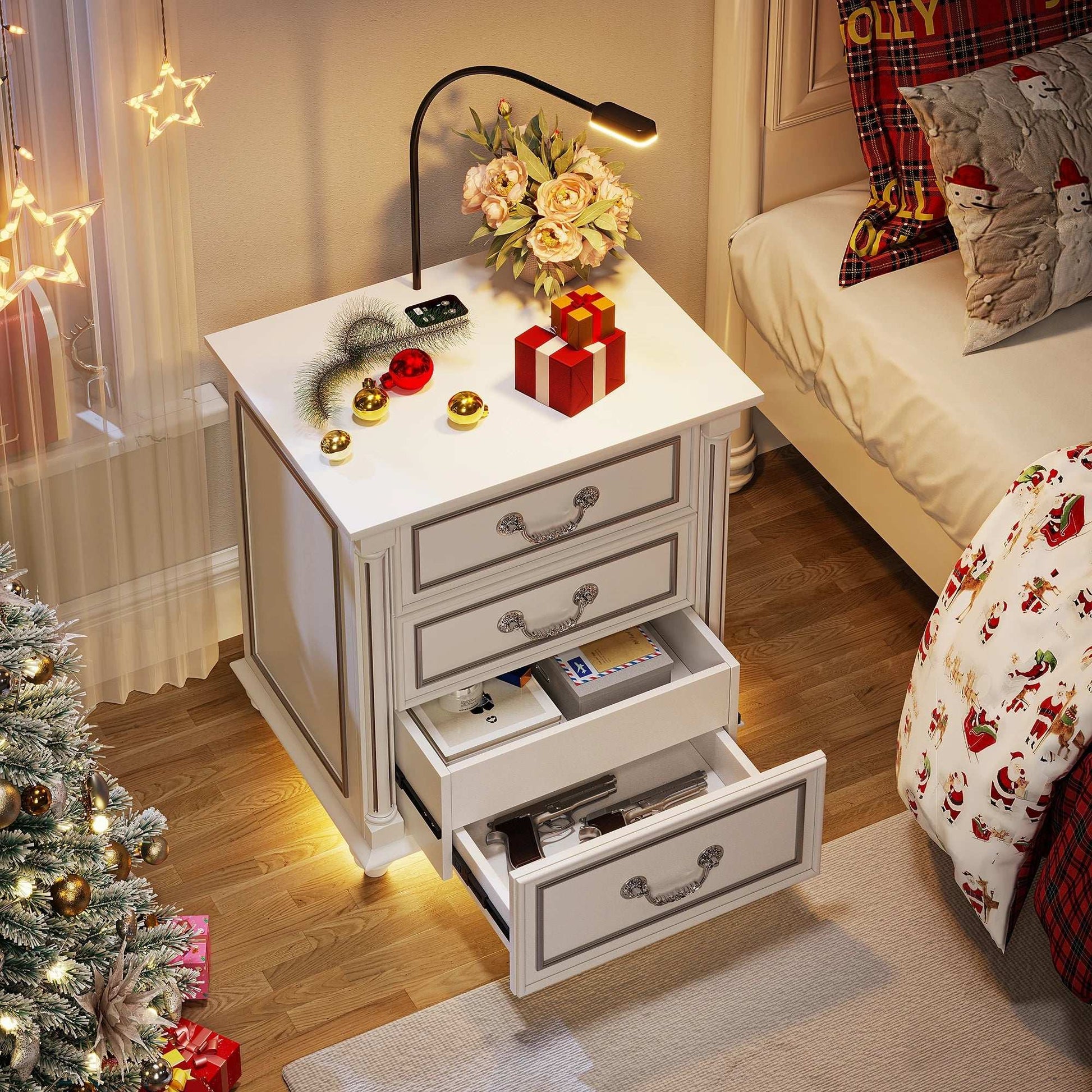 JDAPG Farmhouse Nightstand with Gun Drawer and 3 Large Storage Drawers,Smart Bedside End Table with LED Light