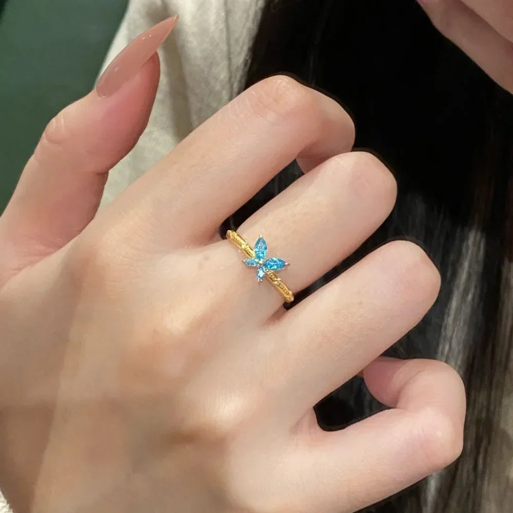 Elegant Blue Butterfly Ring G Plated Adjustable Open CZ Midfinger Band for Womenparkling Statement Jewelry Gift