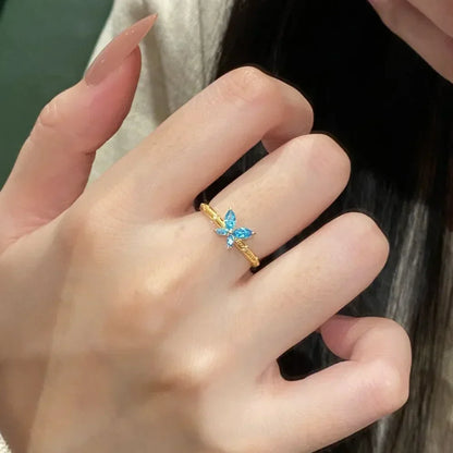 Elegant Blue Butterfly Ring Gold Plated Adjustable Open CZ Midfinger Band for Women's parkling StateMen'st Jewelry Gift