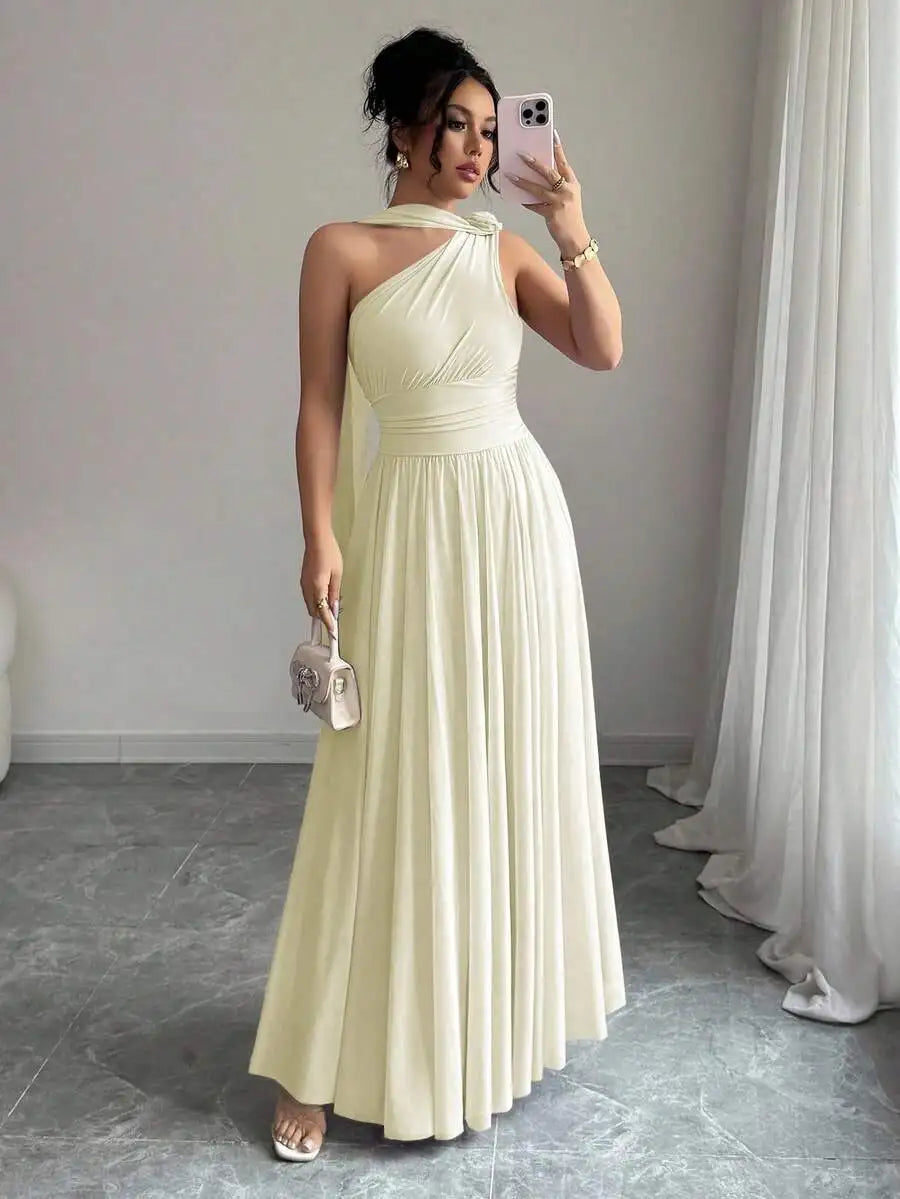 Women'S Lavender One-Shoulder Flowing Maxi Dress - Draped Neck Pleated Skirt For Weddings & Events