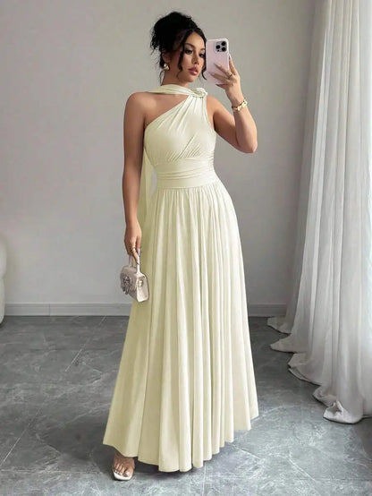 Women'S Lavender One-Shoulder Flowing Maxi Dress - Draped Neck Pleated Skirt For Weddings & Events