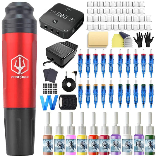 Tattoo Kit POSEIDON High Power Tattoo Pen Kit For Permanent Makeup Tattoo Machine Kit Hot Red Tattoo Power Supply Tattoo Gun Kit