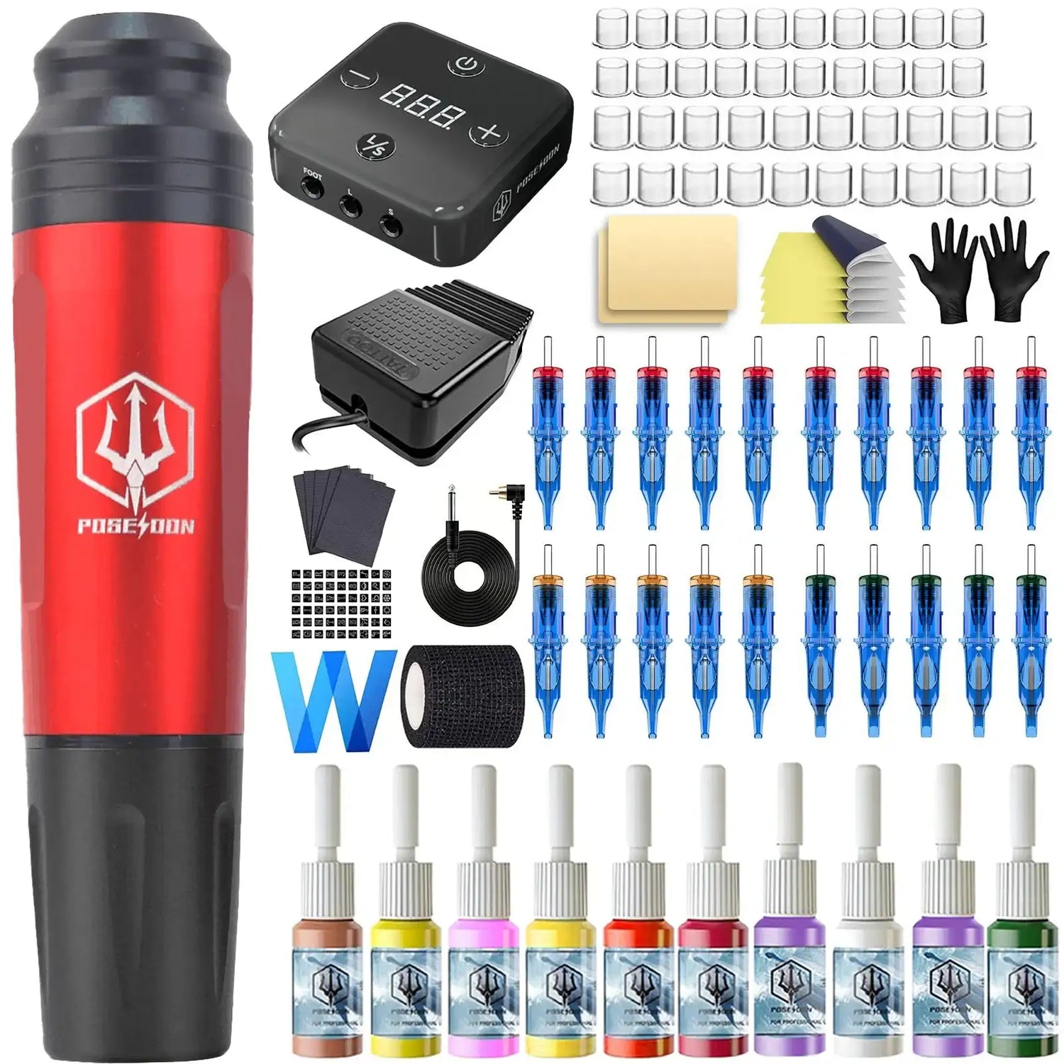 Tattoo Kit POSEIDON High Power Tattoo Pen Kit For Permanent Makeup Tattoo Machine Kit  Red Tattoo Power Supply Tattoo Gun Kit