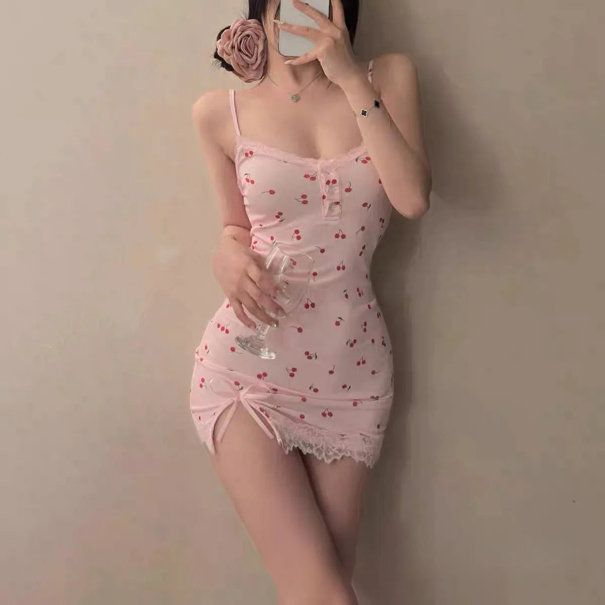 Trendy Pink Cherry Print Dress WoMen's Cute Fitted Mini Nightgown Lace Trim Detail Spaghetti Strap Summer Style New Fashion Hot