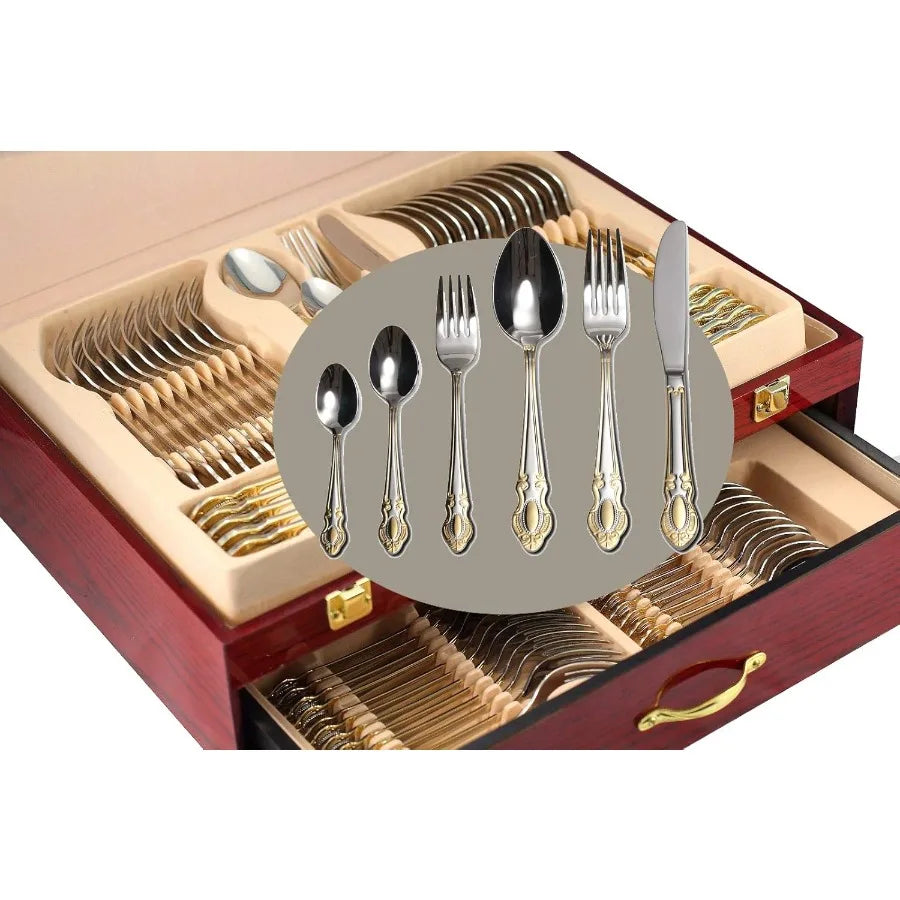 Gold Flatware Set For 12  75-Pc Luxury Dining Silverware, 24K Gold-Plated 18/10 Premium Surgical Stainless Steel