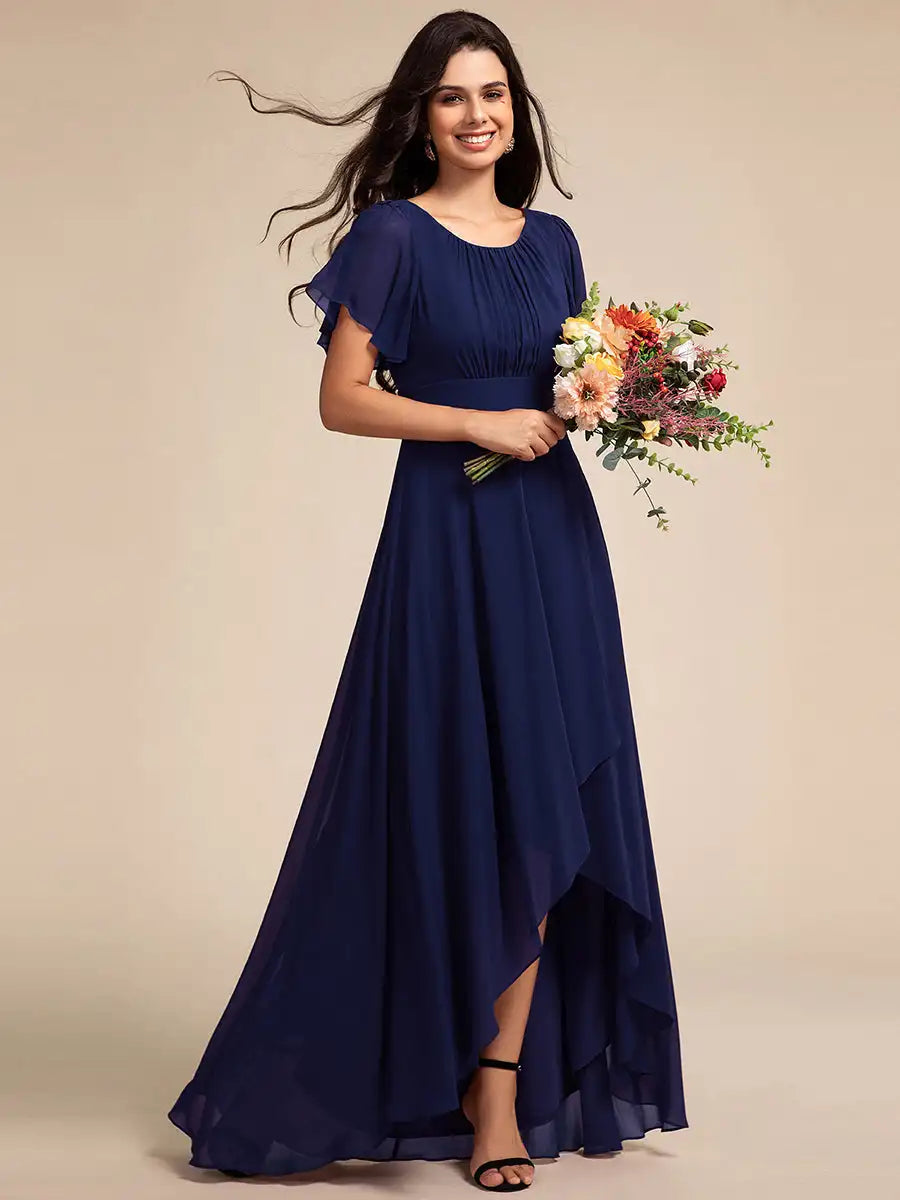 Elegant Evening Dresses Round Neck Ruffles Sleeve Asymmetrical Hem 202