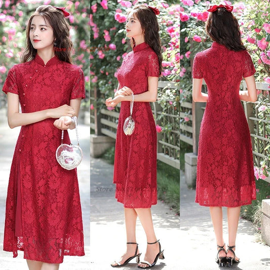 2025 chinese improved qipao dress vintage lace flower vietnam ao dai dress elegant party dress oriental banquet evening dress