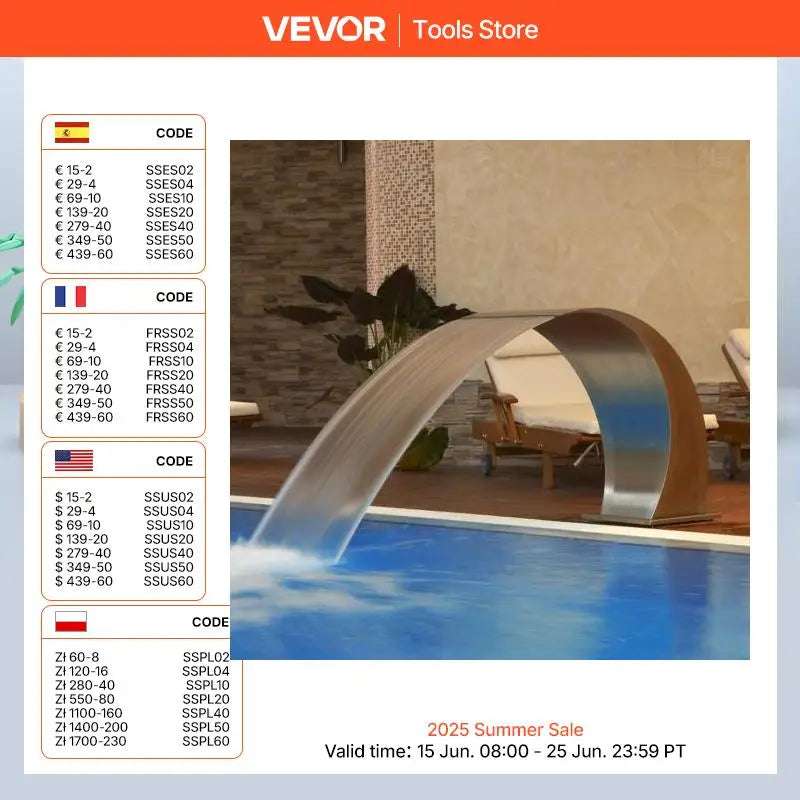 VEVOR 60x30cm/40x20cm Pool Fountain Waterfall Stainless Steel Fountain Pond Garden Swimming Feature Decorative Hardware Faucet