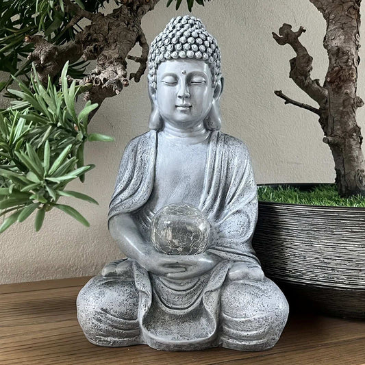 Solar-Powered Buddha Statue With Led Light - 12.8" Resin Sculpture For Home & Garden Decor, Perfect For Living Room And Entryway