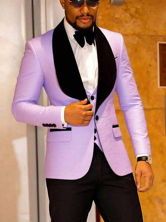 Men's three-piece floral jacquard slim-fitting suit set, including paisley pattern suit jacket, vest, and pants, suitable for ba